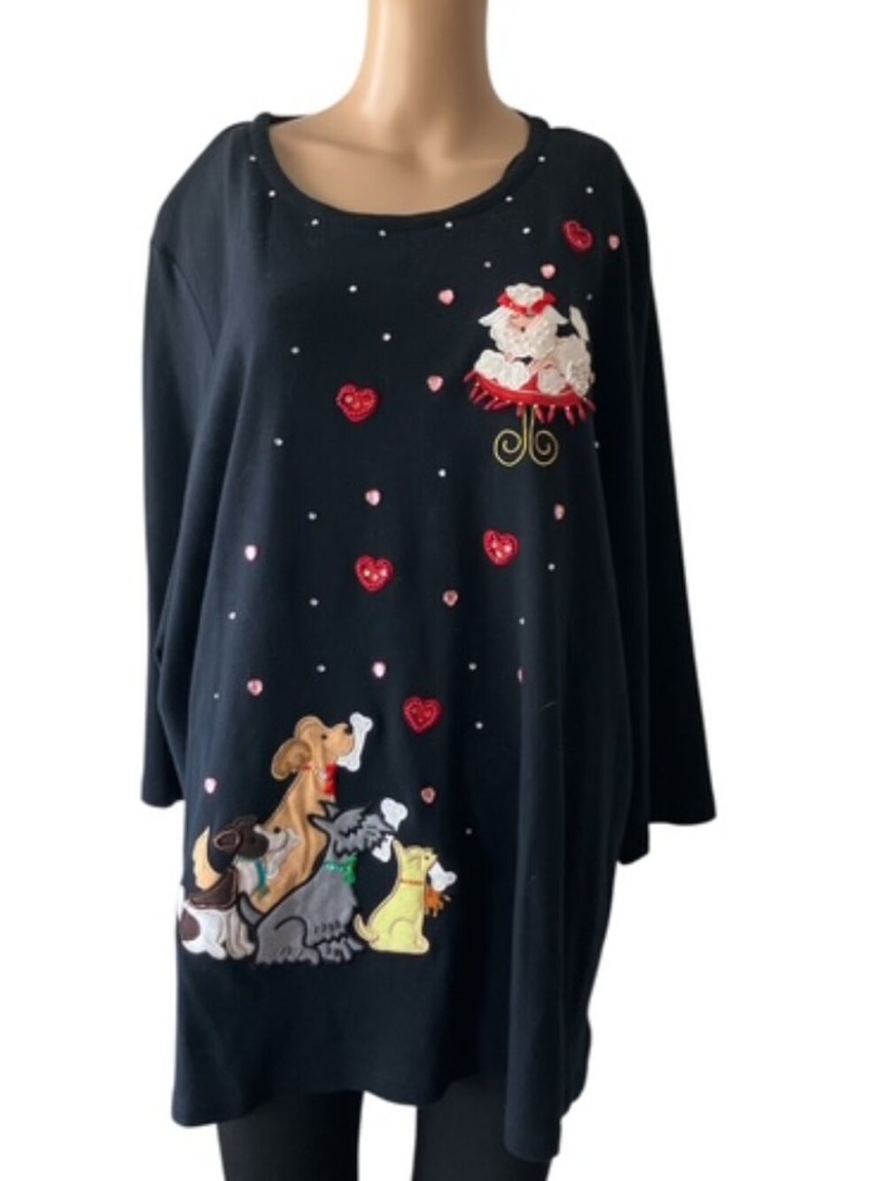 Vintage Quacker Factory Dog Lovers and Hearts Black Sweat Shirt Top